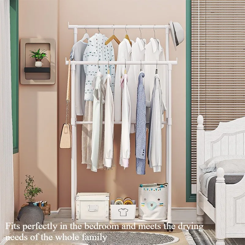 Plastic Floor Standing Clothes Rack with Wheels Double Single Rod Hat Shoe Storage Organizer Shelf Modern