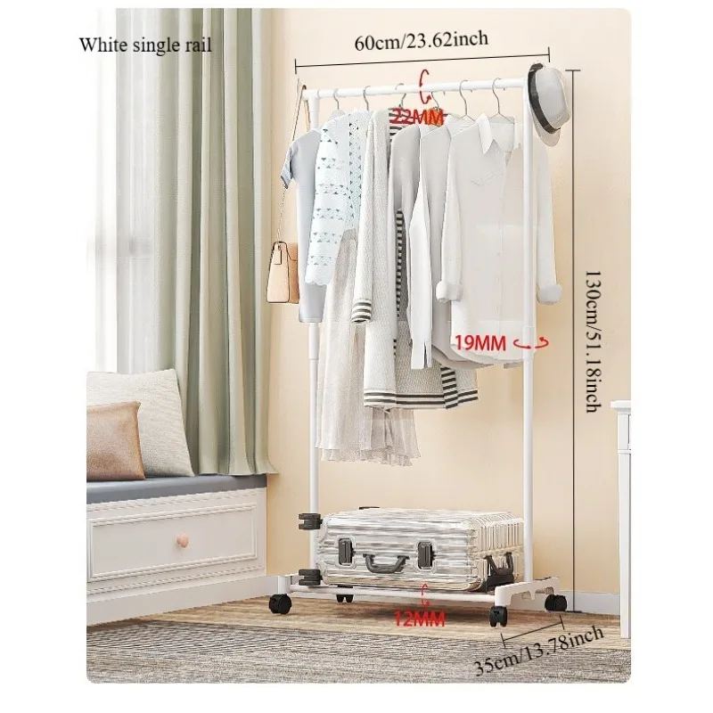 Plastic Floor Standing Clothes Rack with Wheels Double Single Rod Hat Shoe Storage Organizer Shelf Modern