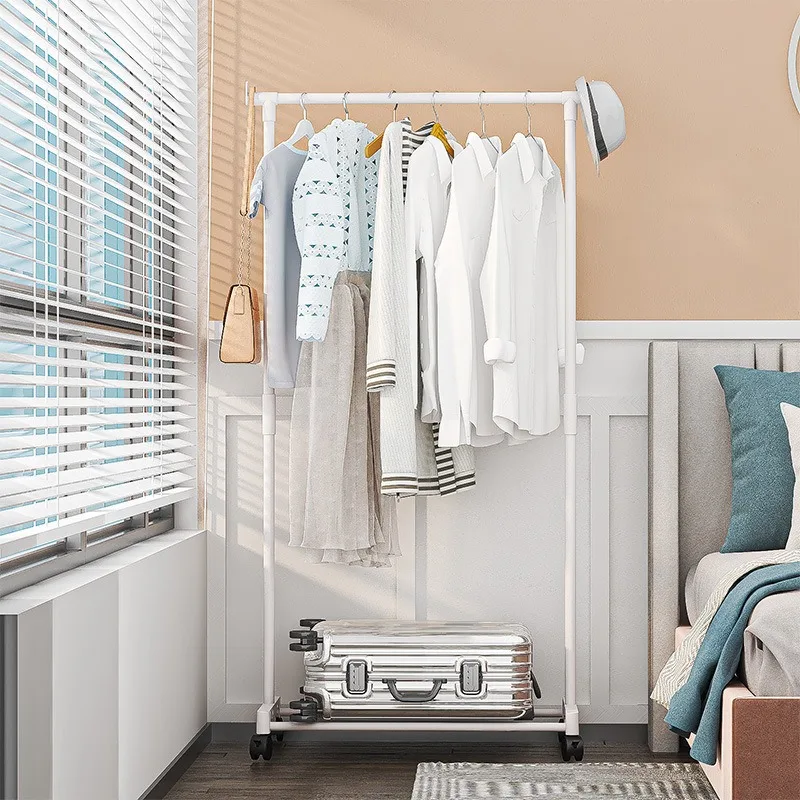 Plastic Floor Standing Clothes Rack with Wheels Double Single Rod Hat Shoe Storage Organizer Shelf Modern