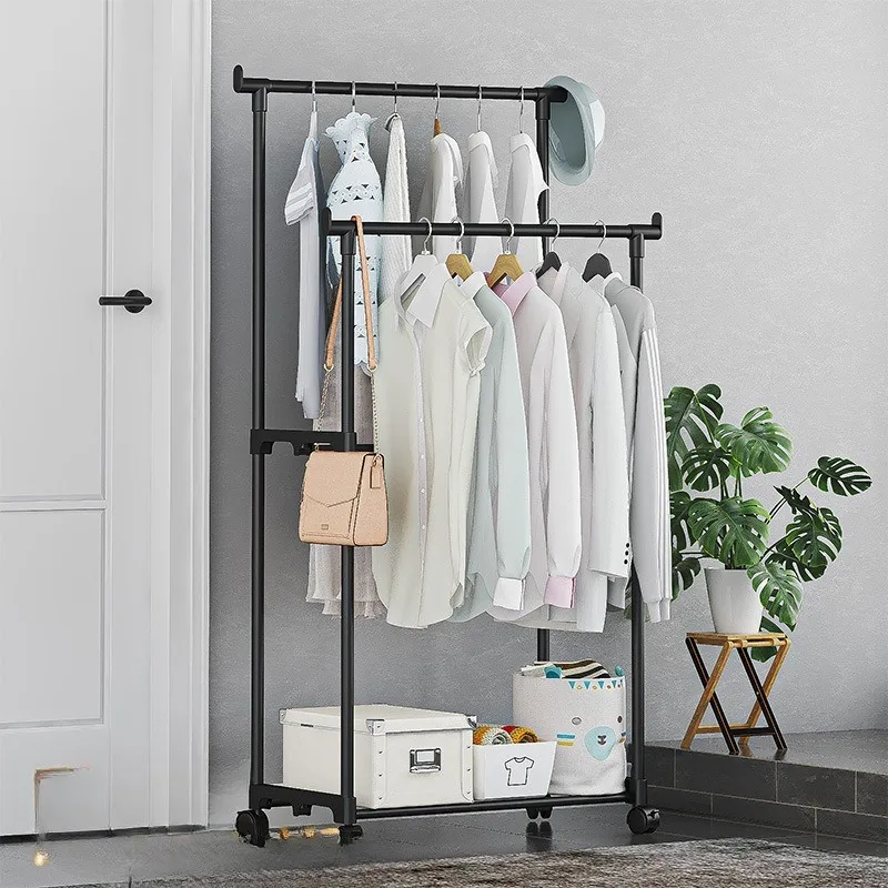 Plastic Floor Standing Clothes Rack with Wheels Double Single Rod Hat Shoe Storage Organizer Shelf Modern
