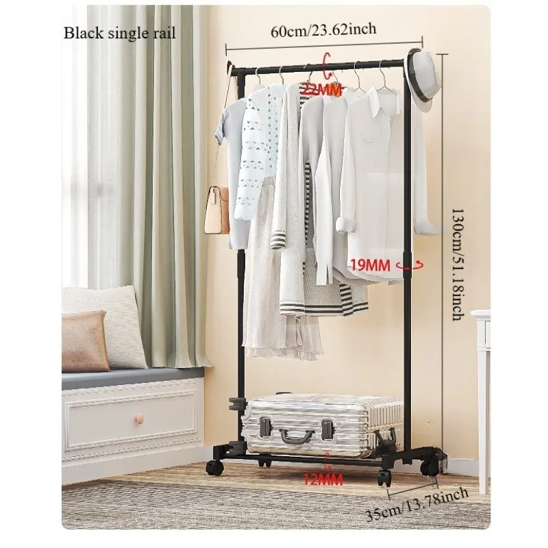 Plastic Floor Standing Clothes Rack with Wheels Double Single Rod Hat Shoe Storage Organizer Shelf Modern