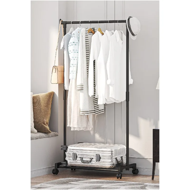 Plastic Floor Standing Clothes Rack with Wheels Double Single Rod Hat Shoe Storage Organizer Shelf Modern