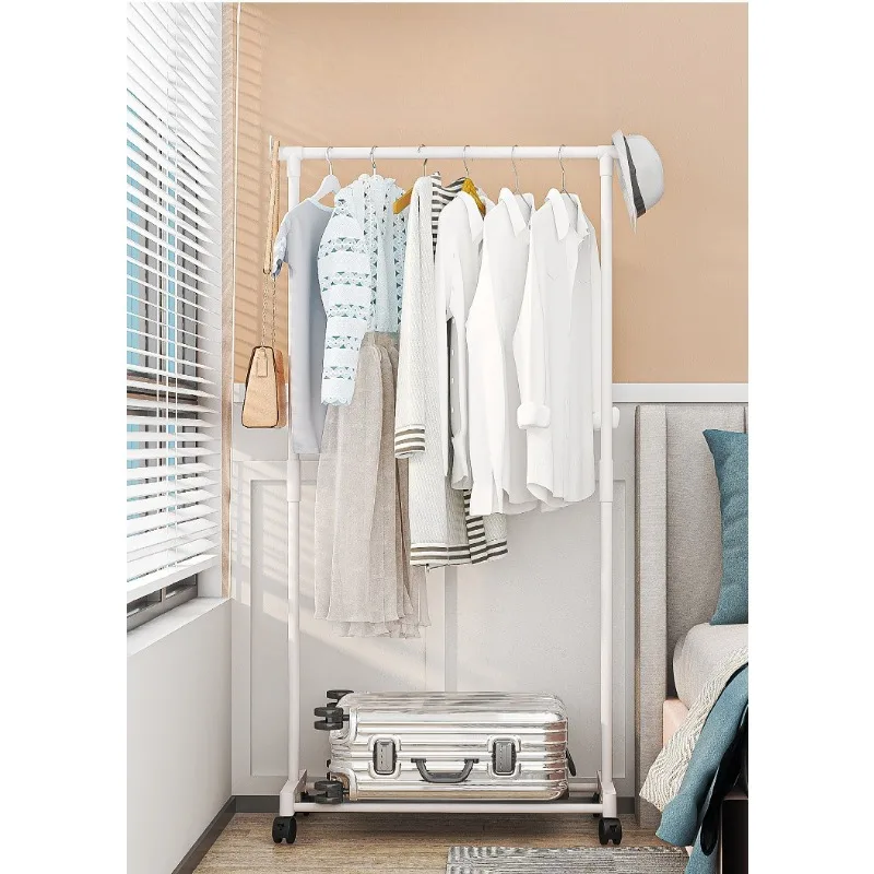 Plastic Floor Standing Clothes Rack with Wheels Double Single Rod Hat Shoe Storage Organizer Shelf Modern