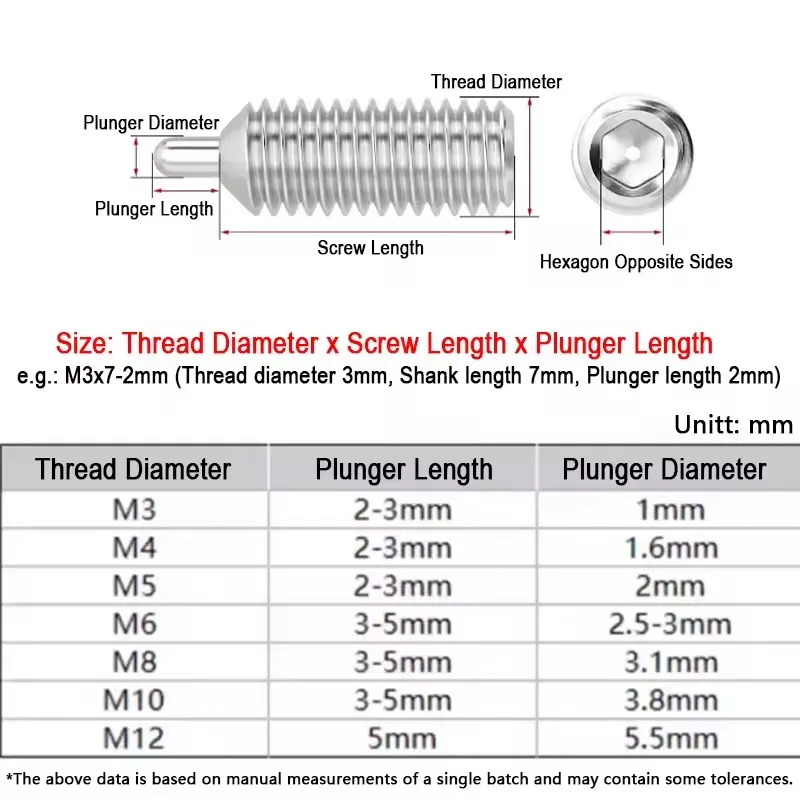 304 Stainless Steel Spring Plungers with Round-Ended Pin and Hex Socket Screw with Spring Pin M3 M4 M5 M6 M8 M10 M12