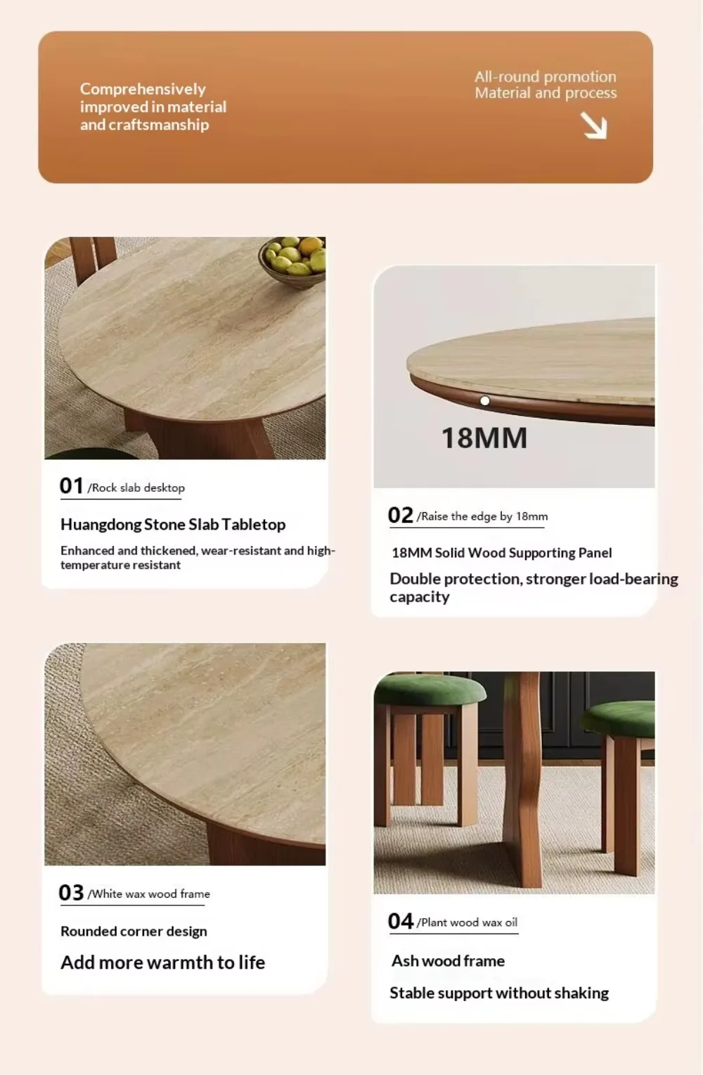 French Mid Century Oval Travertine Stone Dining Table, Solid Wood Base Small Household Dining Table Set for Living Room
