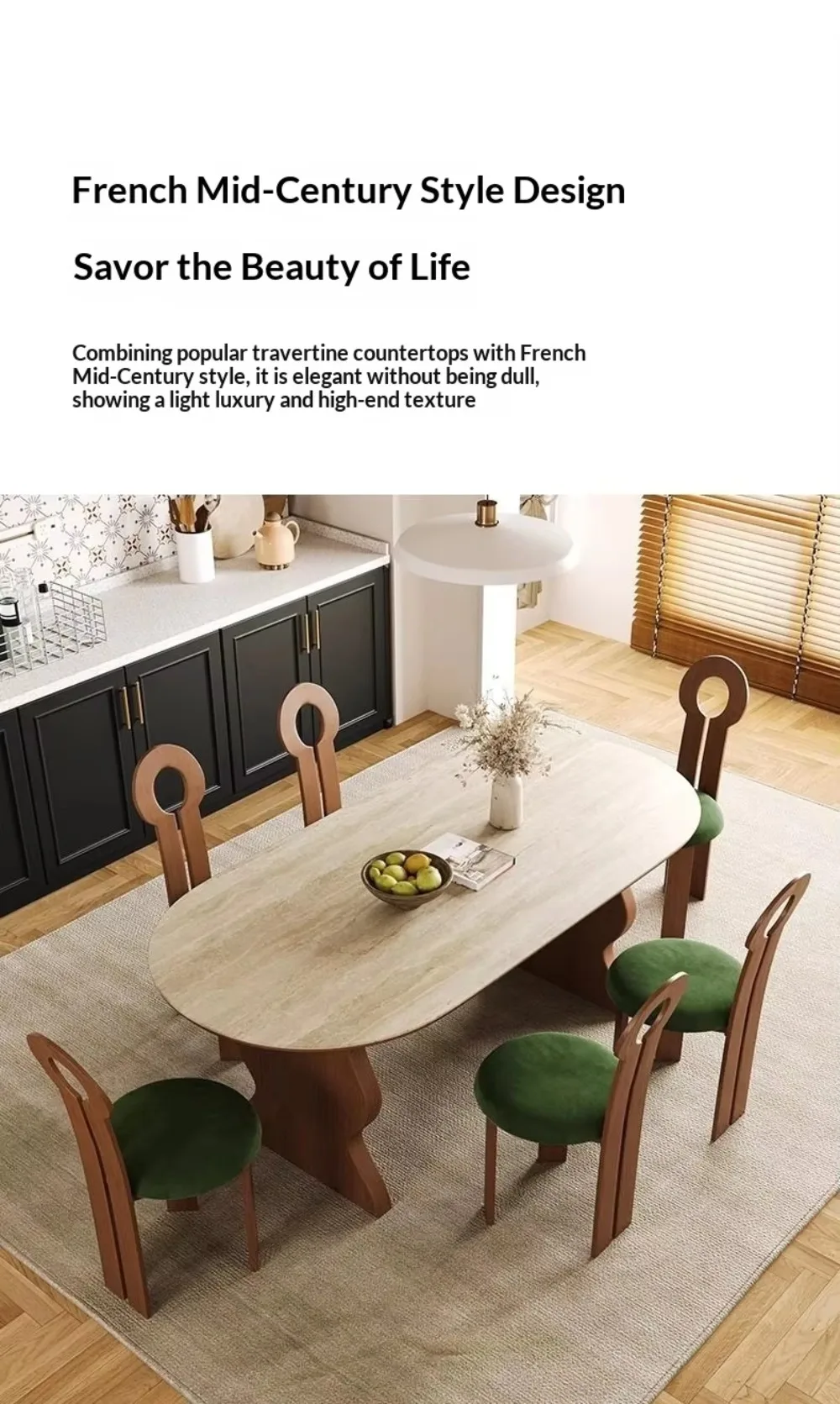 French Mid Century Oval Travertine Stone Dining Table, Solid Wood Base Small Household Dining Table Set for Living Room