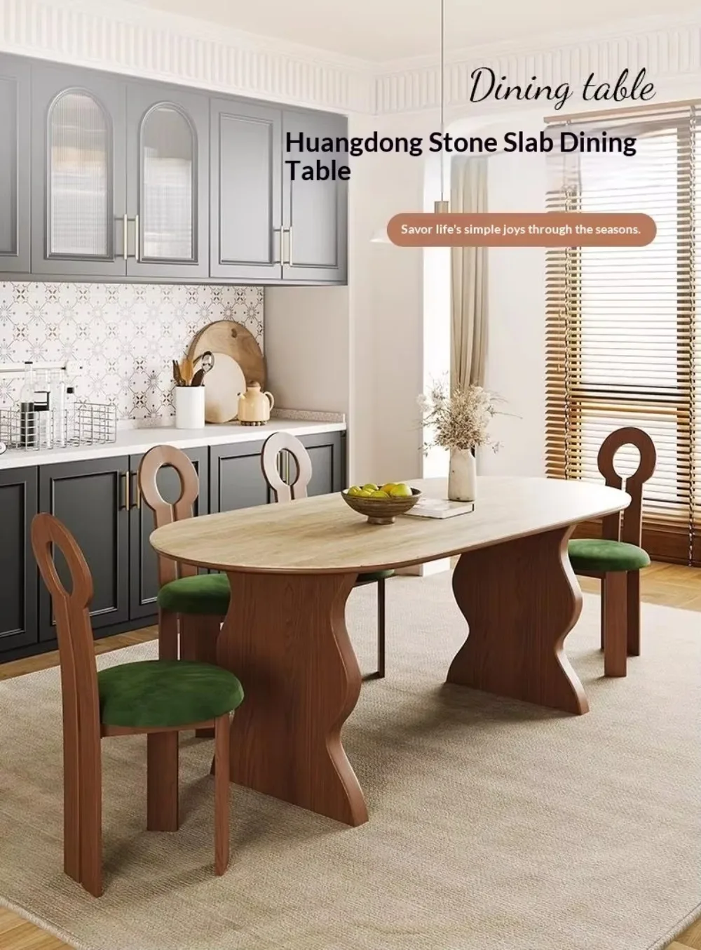 French Mid Century Oval Travertine Stone Dining Table, Solid Wood Base Small Household Dining Table Set for Living Room