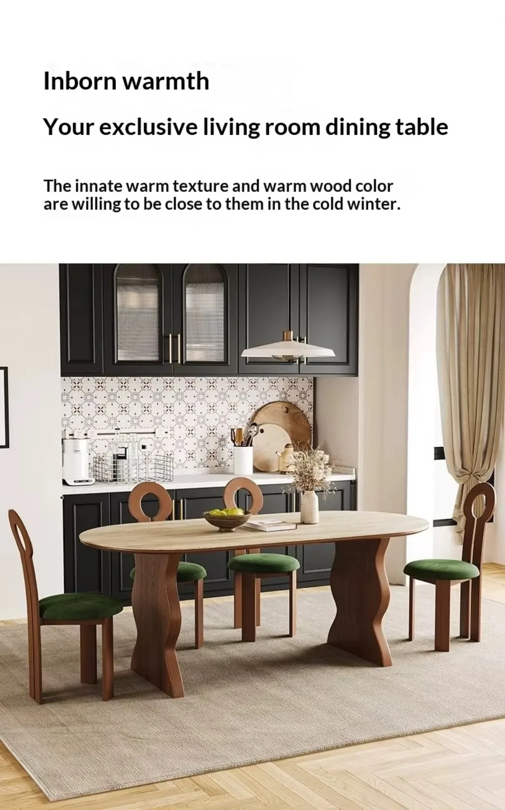 French Mid Century Oval Travertine Stone Dining Table, Solid Wood Base Small Household Dining Table Set for Living Room