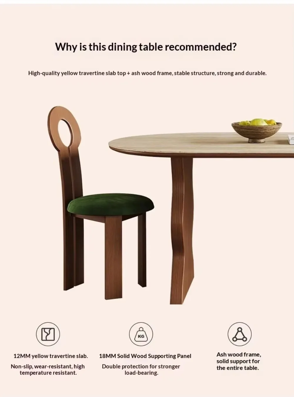 French Mid Century Oval Travertine Stone Dining Table, Solid Wood Base Small Household Dining Table Set for Living Room