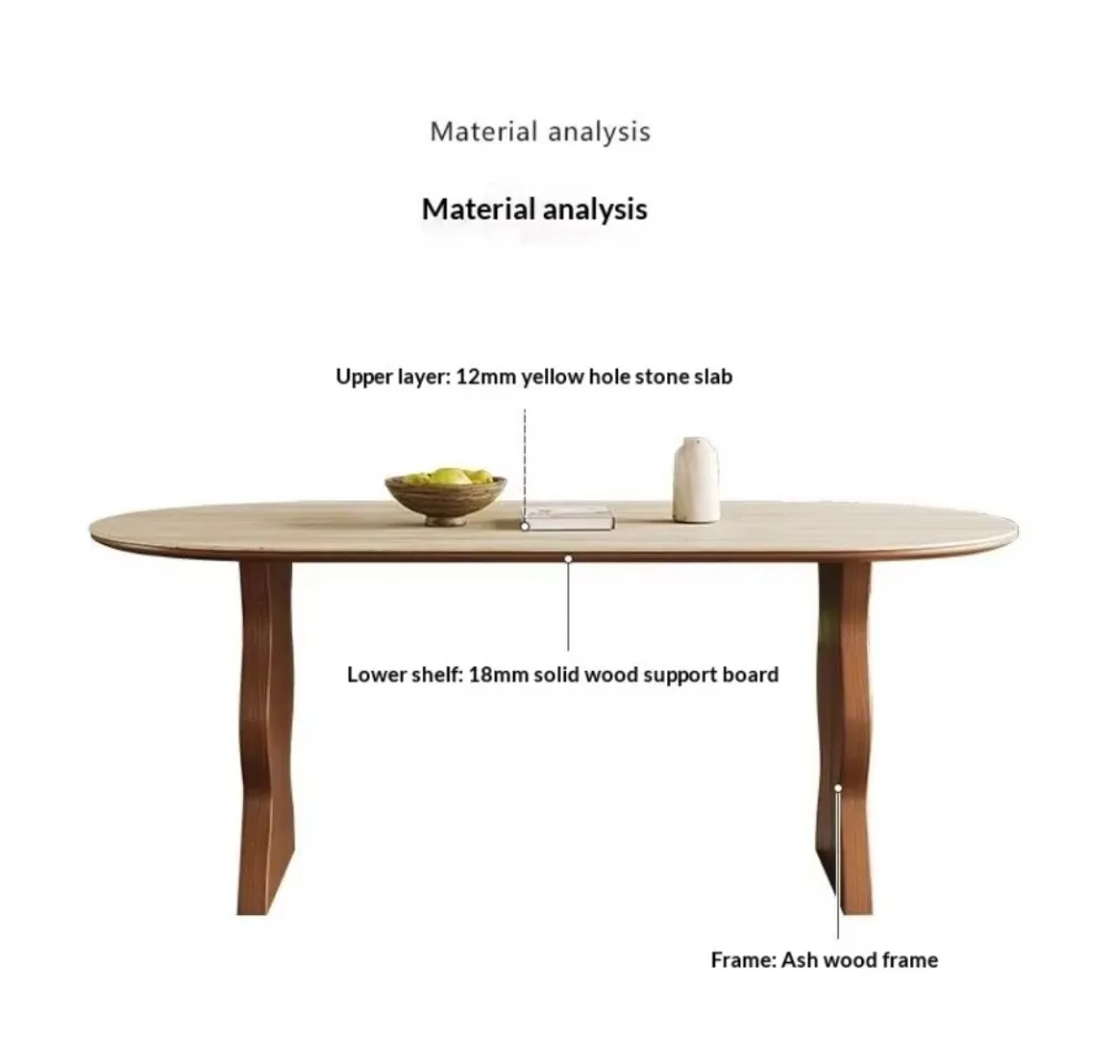 French Mid Century Oval Travertine Stone Dining Table, Solid Wood Base Small Household Dining Table Set for Living Room