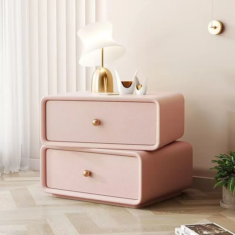 AOLIVIYA Nightstand Bedroom Bedside Table Sofa Side Storage Cabinet Rotating Cube Leather Modern Luxury Shelf Cream