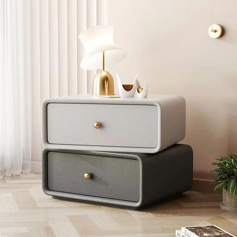 AOLIVIYA Nightstand Bedroom Bedside Table Sofa Side Storage Cabinet Rotating Cube Leather Modern Luxury Shelf Cream