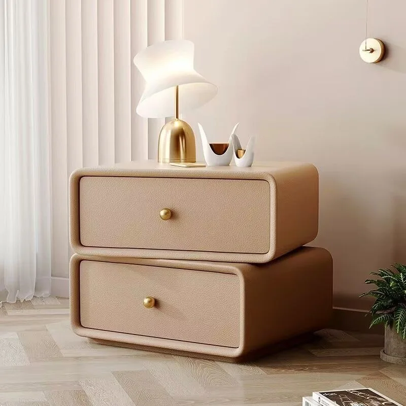 AOLIVIYA Nightstand Bedroom Bedside Table Sofa Side Storage Cabinet Rotating Cube Leather Modern Luxury Shelf Cream