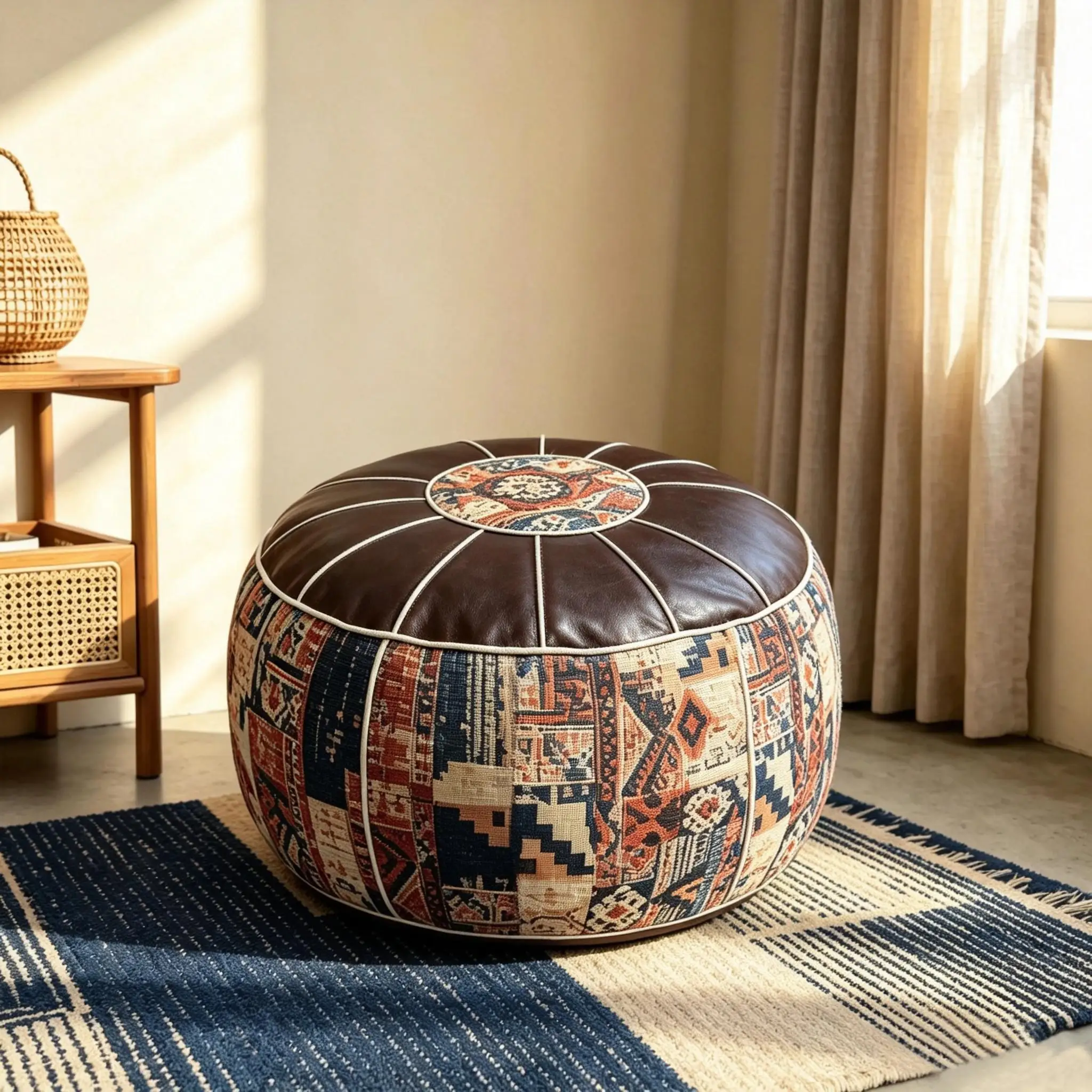 Bohemian Pouf Ottoman, Un‑Stuffed Faux Leather Footrest Stool, Floor Cushion Storage Seat for Filling Clothes, Blankets
