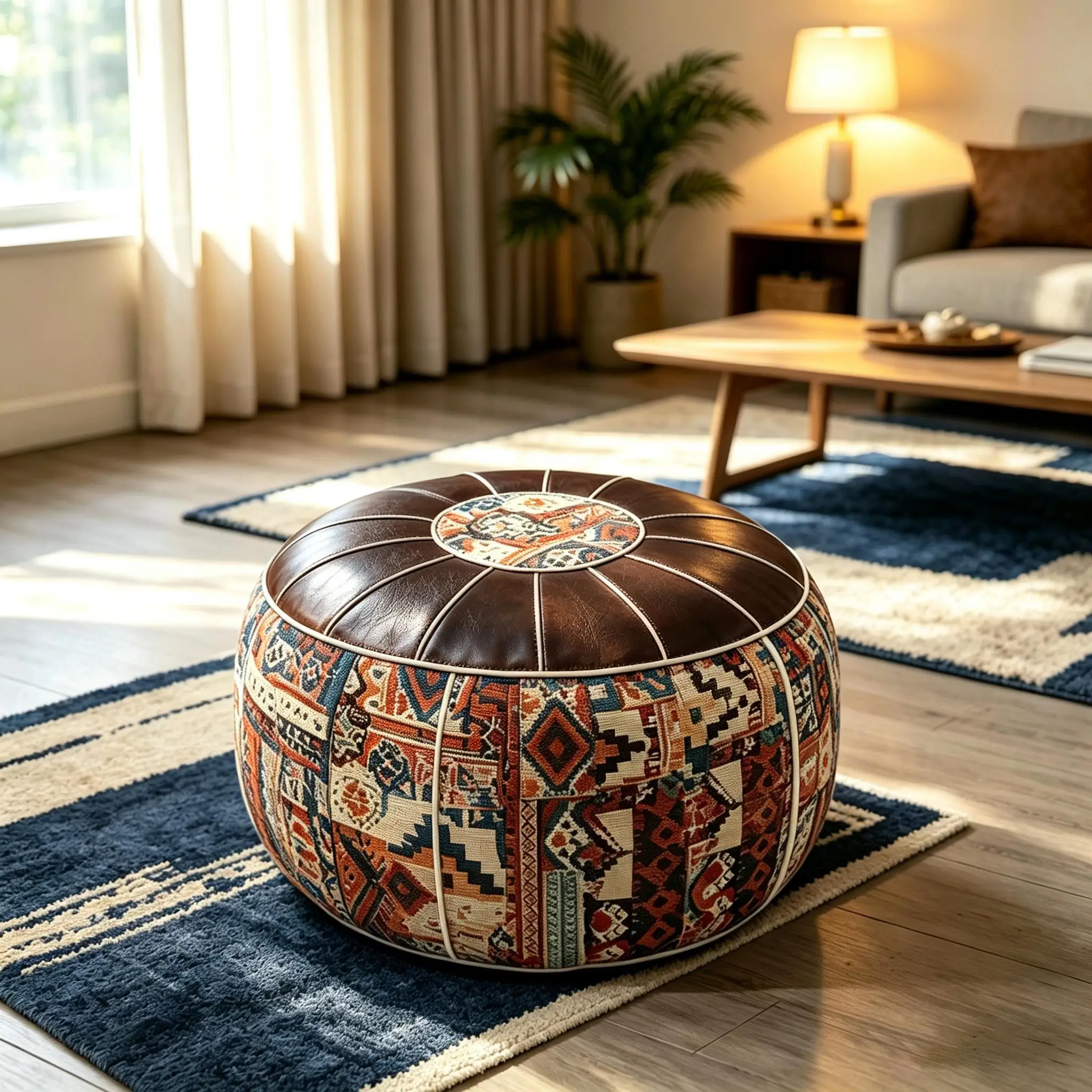 Bohemian Pouf Ottoman, Un‑Stuffed Faux Leather Footrest Stool, Floor Cushion Storage Seat for Filling Clothes, Blankets