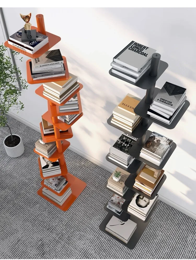 Creative Rotating Metal Bookcase Multi-Tier Corner Shelf Organizer Space Saving Standing Storage Rack for Living Room Bookshelf