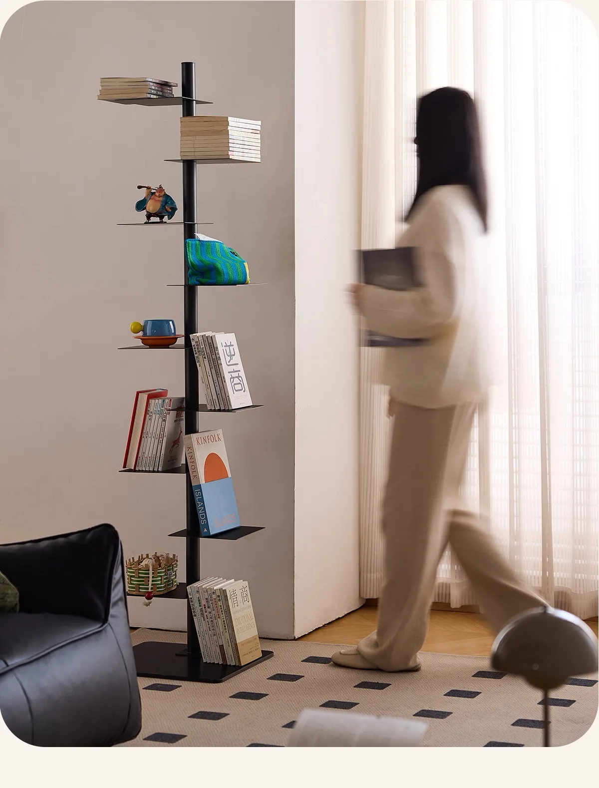 Creative Rotating Metal Bookcase Multi-Tier Corner Shelf Organizer Space Saving Standing Storage Rack for Living Room Bookshelf
