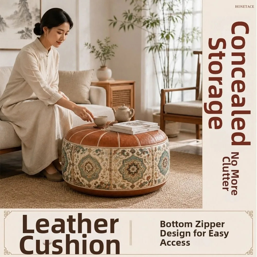 New PU Leather Ottoman Pouf Foldable Boho Pattern Storage Ottoman Round Shape Fillable Floor Seat Cushion Multipurpose Storage