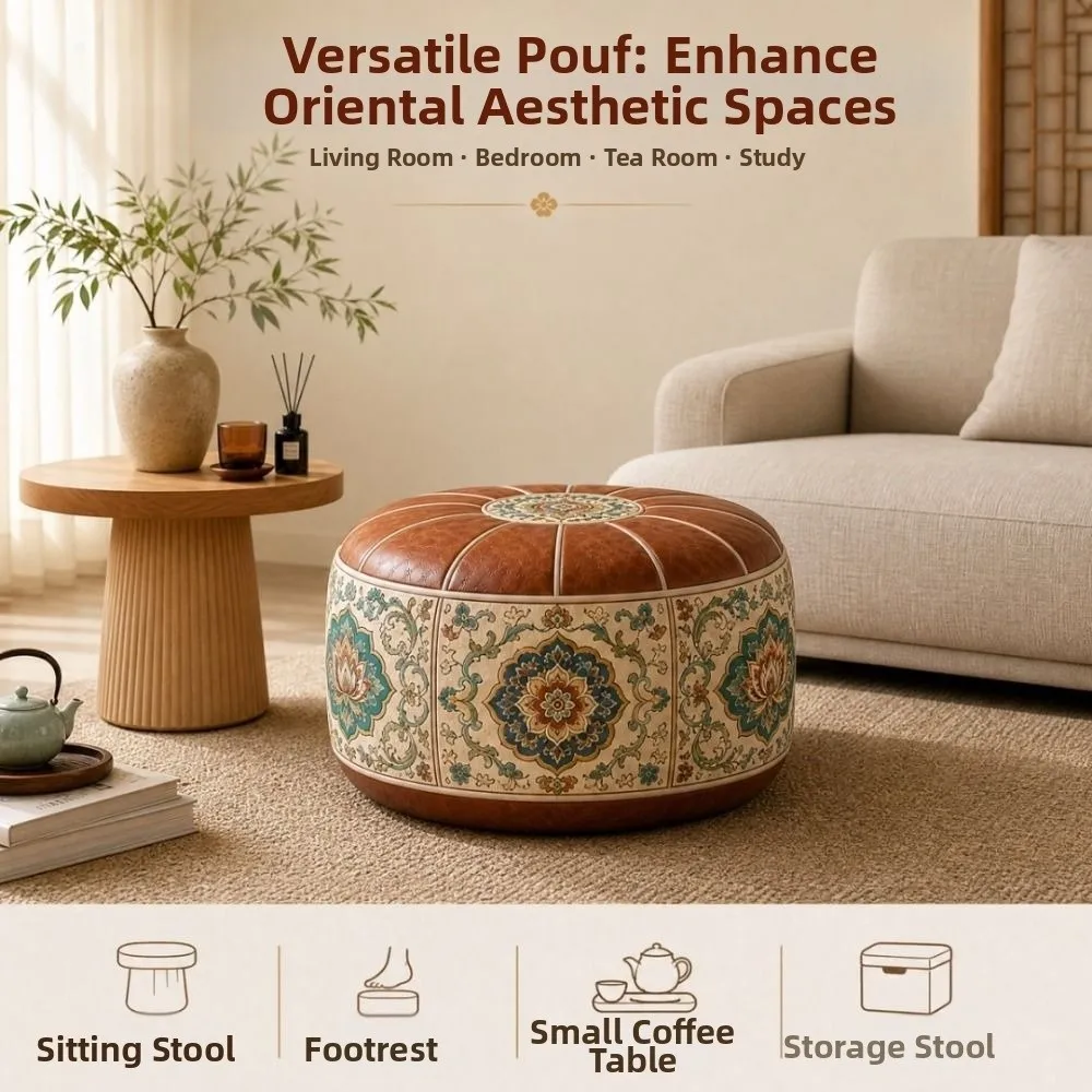 New PU Leather Ottoman Pouf Foldable Boho Pattern Storage Ottoman Round Shape Fillable Floor Seat Cushion Multipurpose Storage