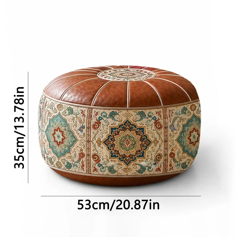 New PU Leather Ottoman Pouf Foldable Boho Pattern Storage Ottoman Round Shape Fillable Floor Seat Cushion Multipurpose Storage