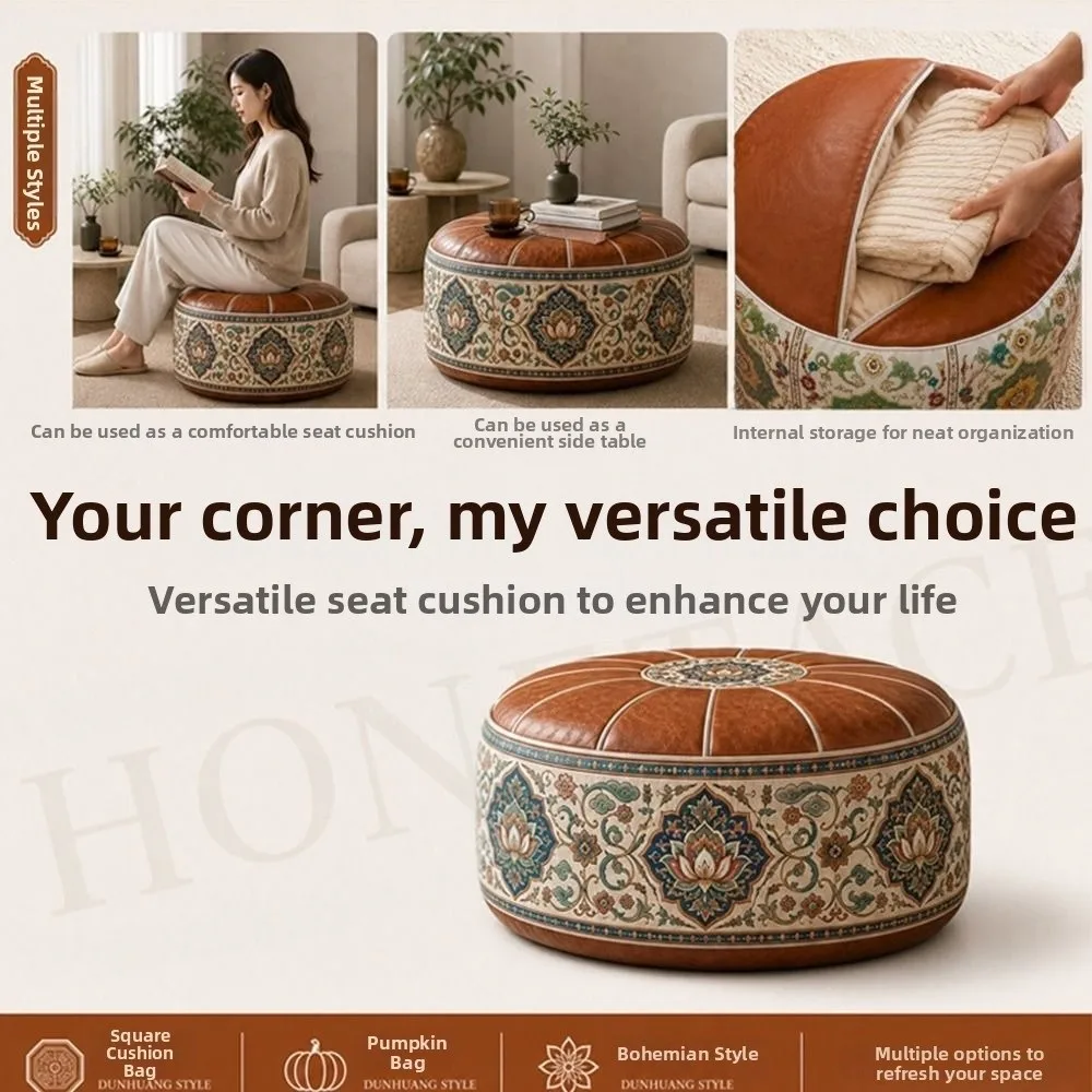 New PU Leather Ottoman Pouf Foldable Boho Pattern Storage Ottoman Round Shape Fillable Floor Seat Cushion Multipurpose Storage