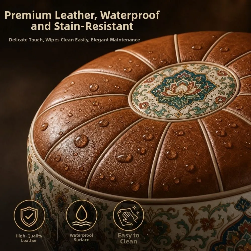 New PU Leather Ottoman Pouf Foldable Boho Pattern Storage Ottoman Round Shape Fillable Floor Seat Cushion Multipurpose Storage