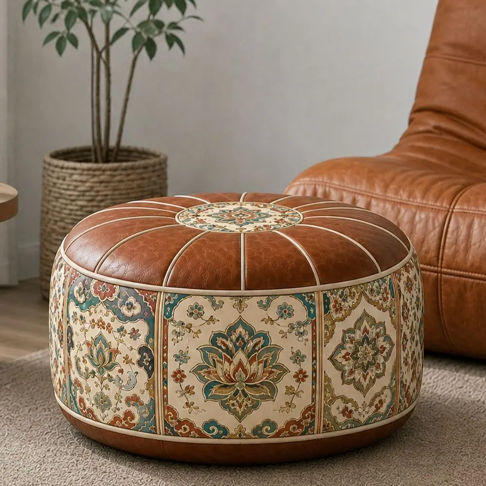 New PU Leather Ottoman Pouf Foldable Boho Pattern Storage Ottoman Round Shape Fillable Floor Seat Cushion Multipurpose Storage