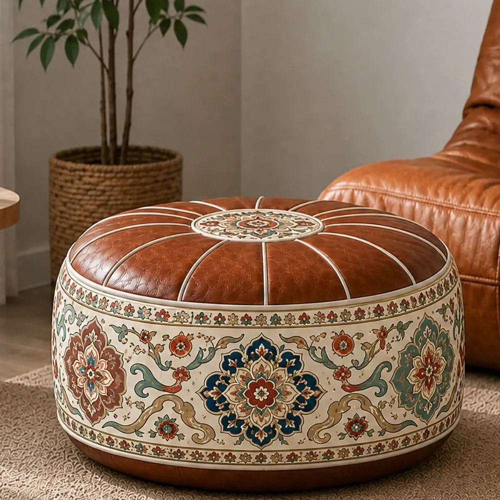 New PU Leather Ottoman Pouf Foldable Boho Pattern Storage Ottoman Round Shape Fillable Floor Seat Cushion Multipurpose Storage