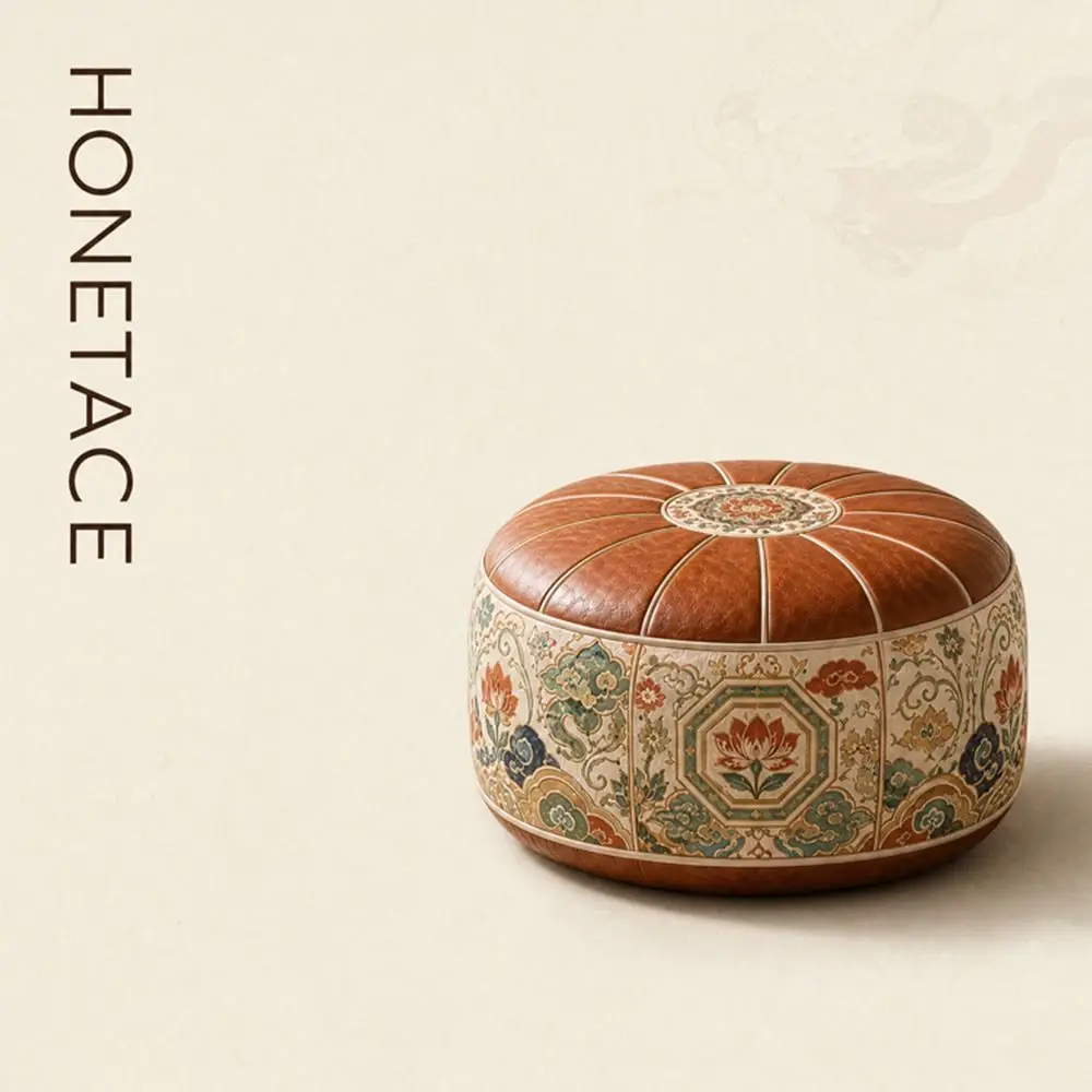New PU Leather Ottoman Pouf Foldable Boho Pattern Storage Ottoman Round Shape Fillable Floor Seat Cushion Multipurpose Storage