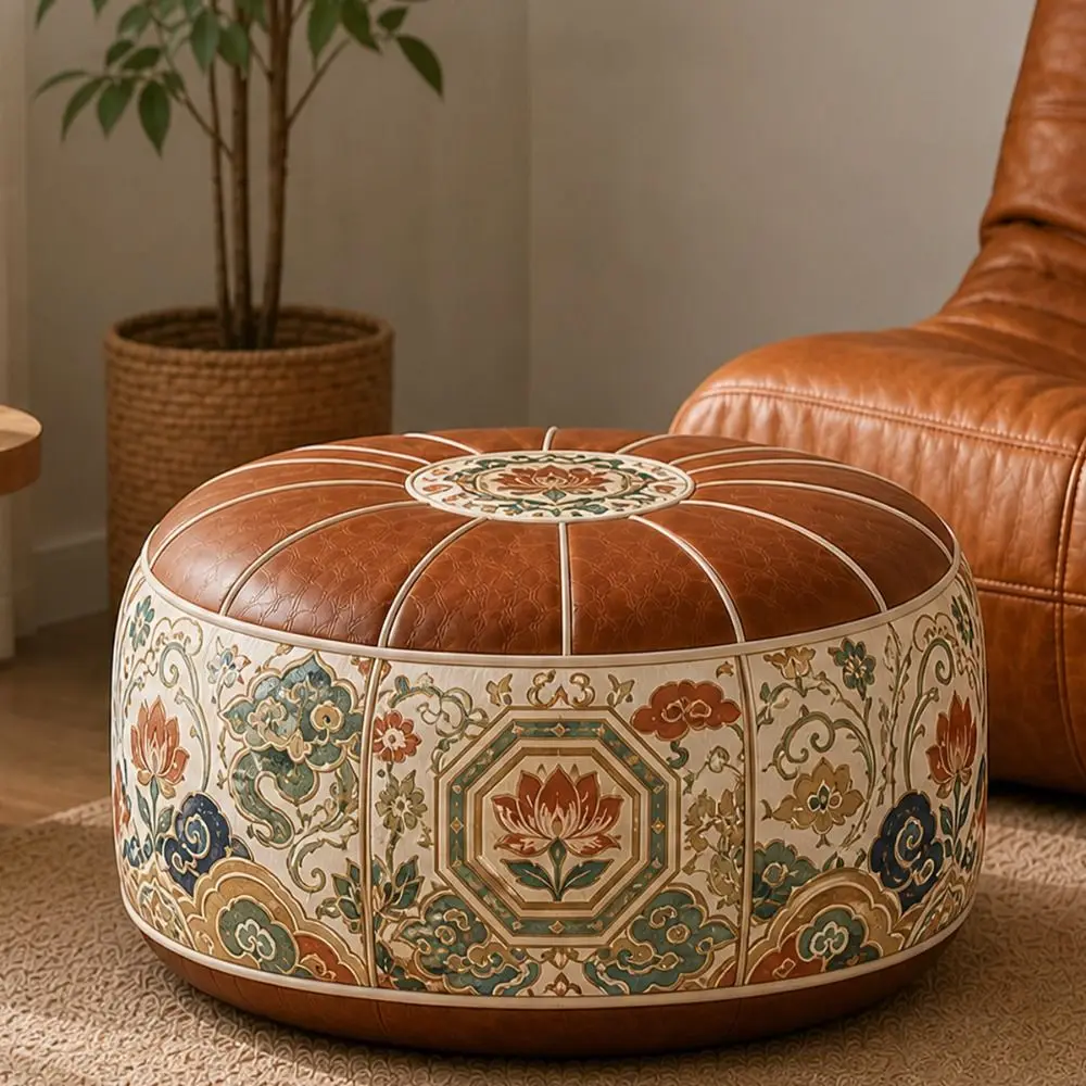 New PU Leather Ottoman Pouf Foldable Boho Pattern Storage Ottoman Round Shape Fillable Floor Seat Cushion Multipurpose Storage