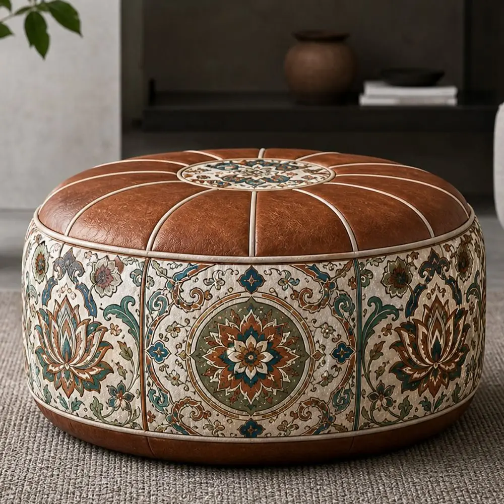 New PU Leather Ottoman Pouf Foldable Boho Pattern Storage Ottoman Round Shape Fillable Floor Seat Cushion Multipurpose Storage