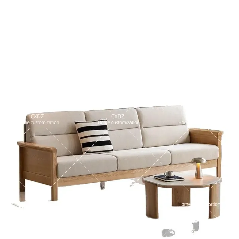 Japanese-style solid wood rattan sofa Home living room furniture Cherry wood color wabi-sabi retro wooden three-person sofa