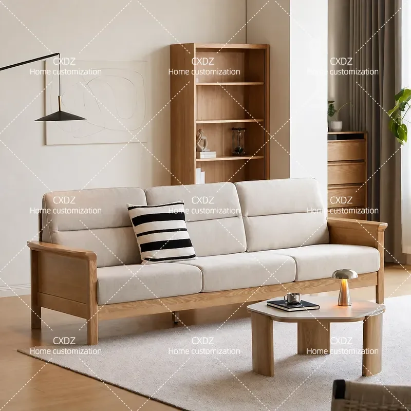 Japanese-style solid wood rattan sofa Home living room furniture Cherry wood color wabi-sabi retro wooden three-person sofa