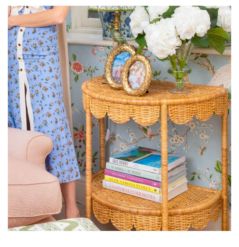 Creative Rattan Side Table Modern Farmhouse Balcony Coffee Tables Double-layered Console Table Japanese Living Room Furniture