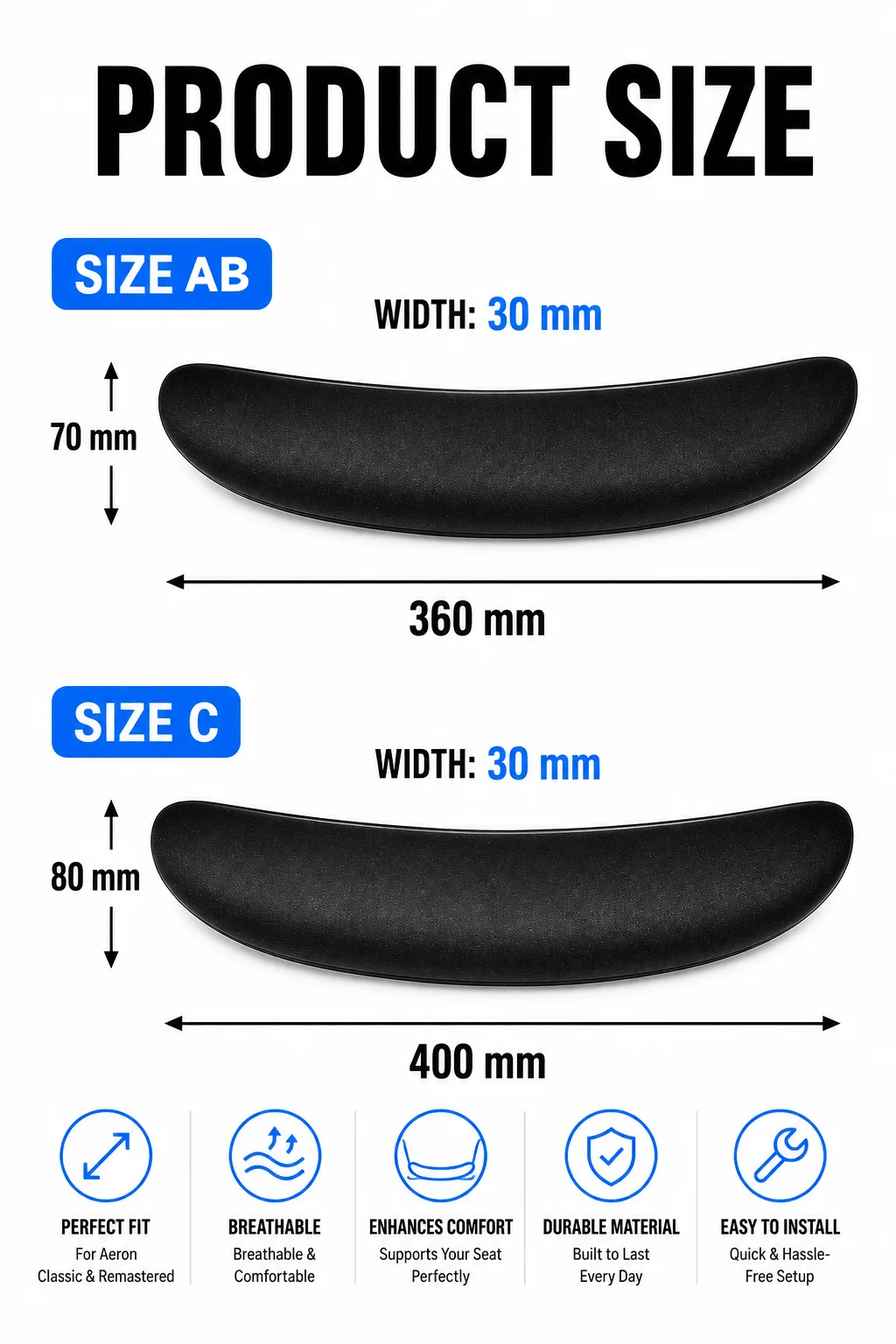 Herman Miller Aeron Classic & Remastered Seat Foam Pad Insert Replacement, Black Cushion Pad Size B/C Office Chair Accessory