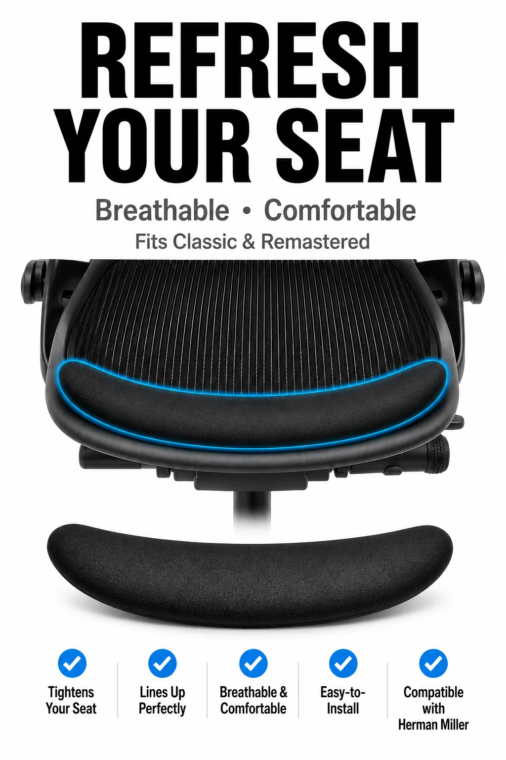 Herman Miller Aeron Classic & Remastered Seat Foam Pad Insert Replacement, Black Cushion Pad Size B/C Office Chair Accessory