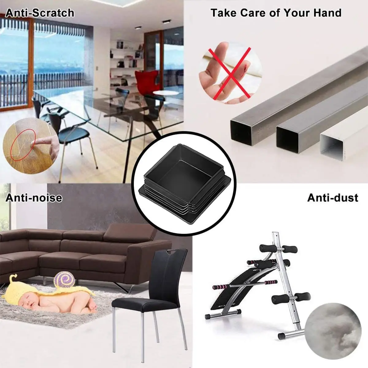 1~100Pcs Square Plastic End Caps Black Tube Pipe Plug Bung Stopper Assorted Sizes 10x10mm-120x120mm for Chair Legs Furniture DIY