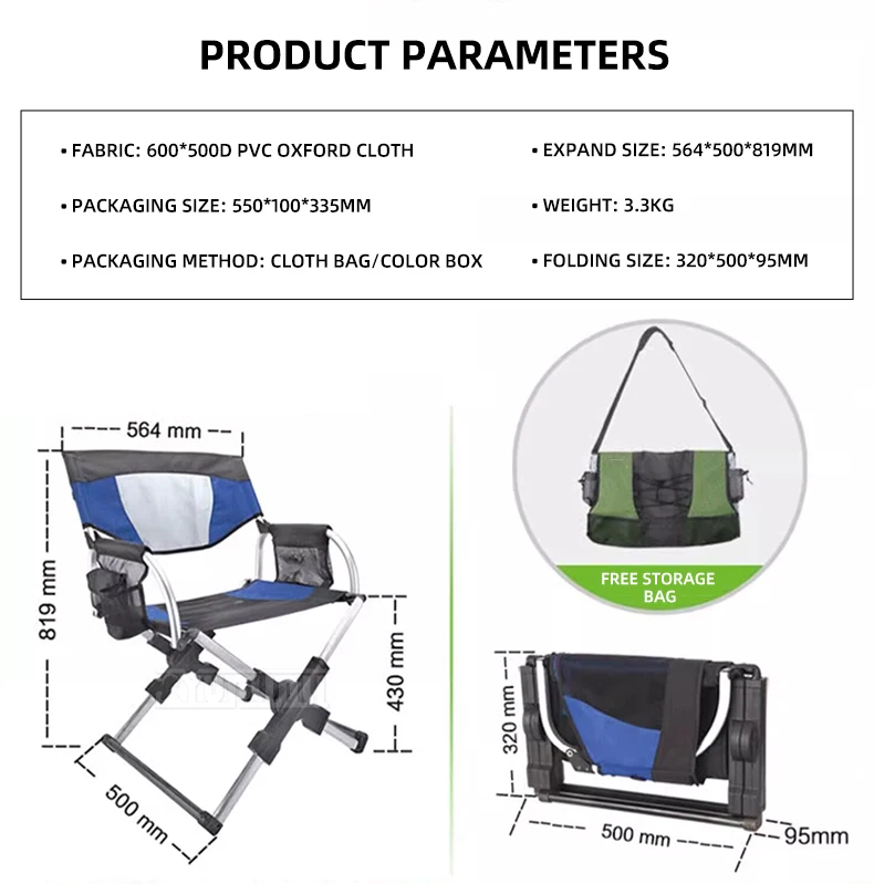 Aluminum Folding Director's Chair, Portable Camping Chair for Fishing, Beach, and Outdoor