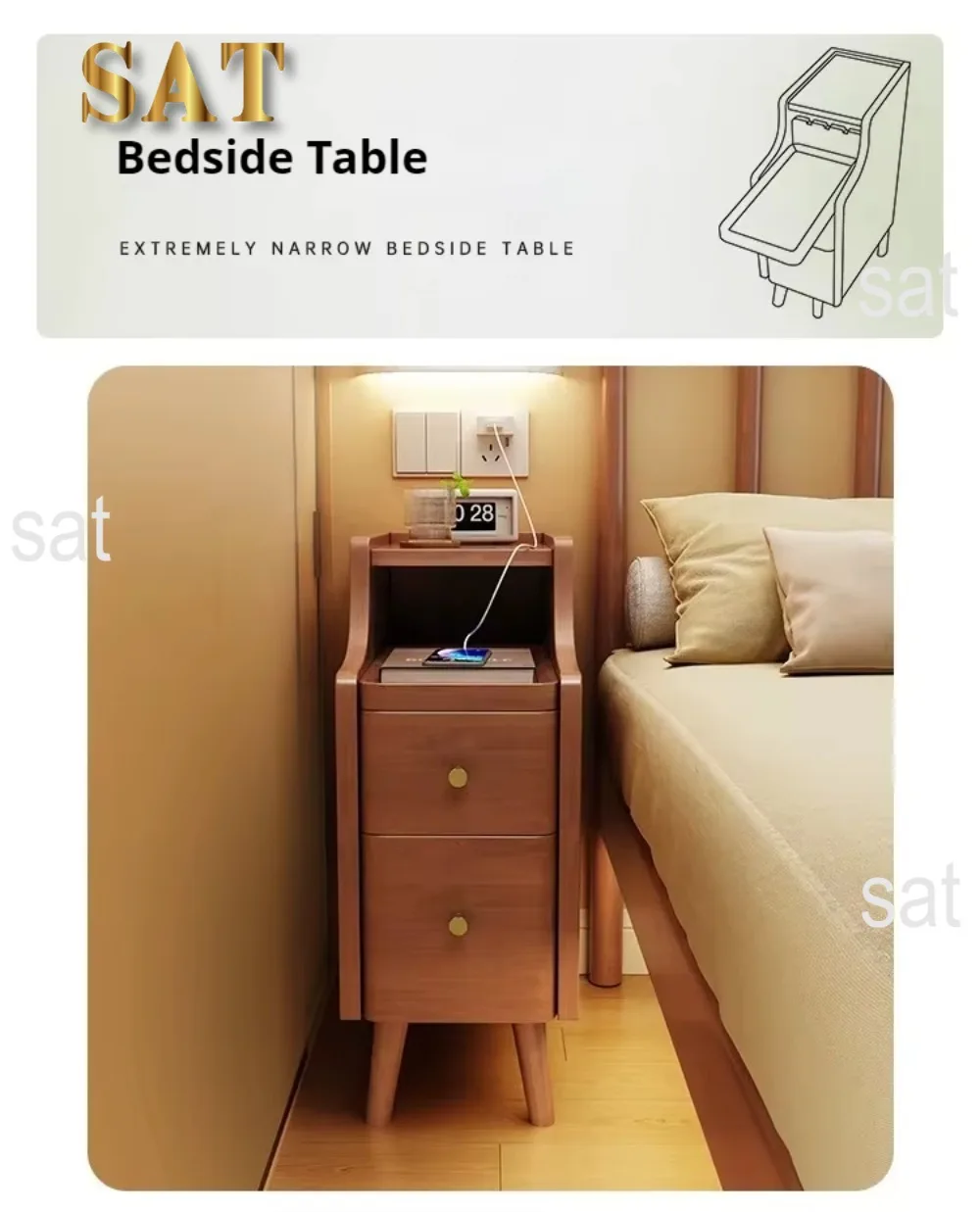 Nordic Simple Low Modern Bedside Table, Luxury Narrow Home Furniture Living Room, Bedroom Bedside Table