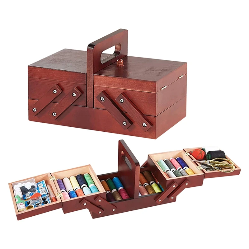 FTGT NEW Wooden Foldable Sewing Box Thread Scissors Sew Basket Jewelry Boxes for Storing Sewing Kits Jewelry Storage Box A