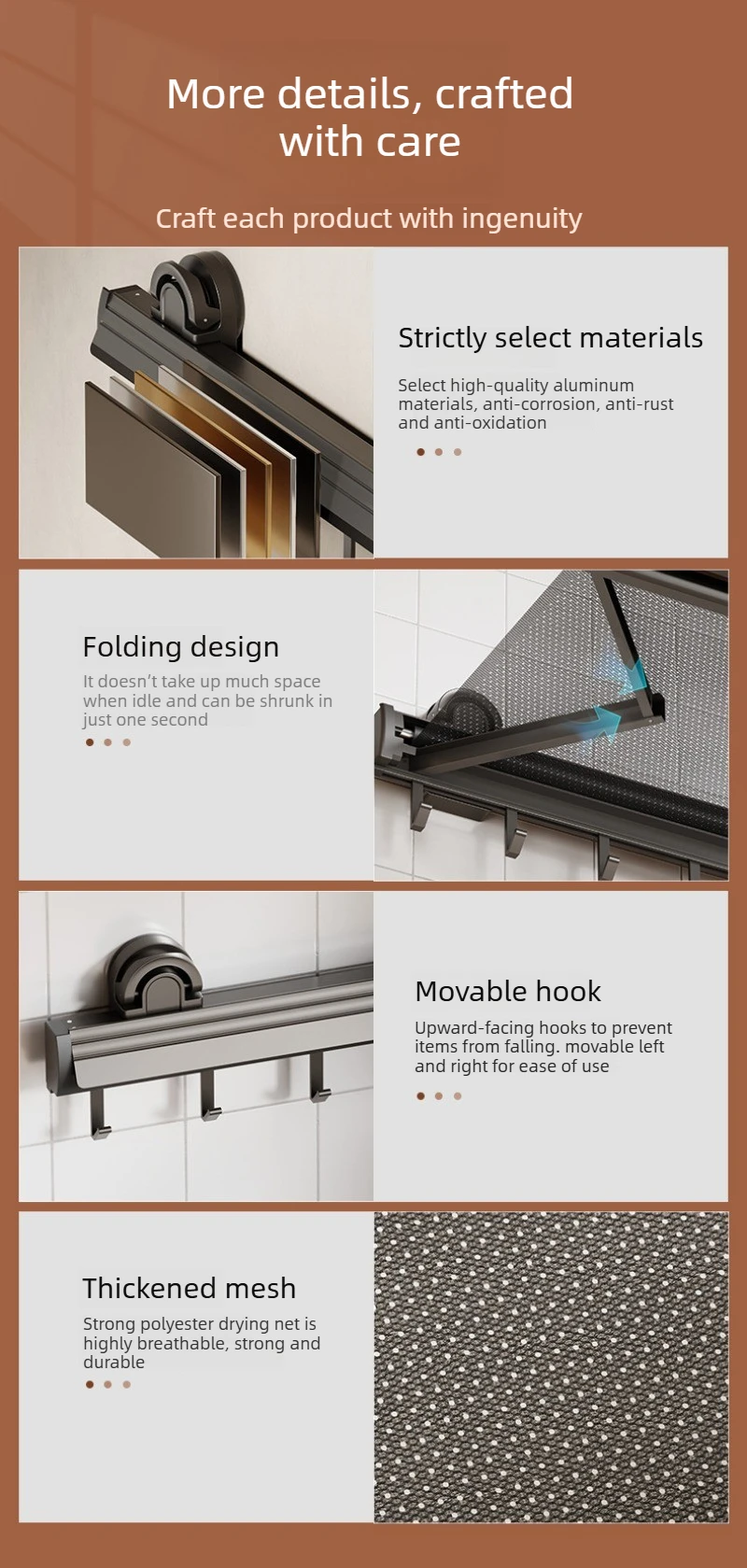 Non Perforated Wall Mounted Drainage Storage Rack Household Balcony Suction Cup Folding Drying Net Aluminum Alloy Clothes Hanger