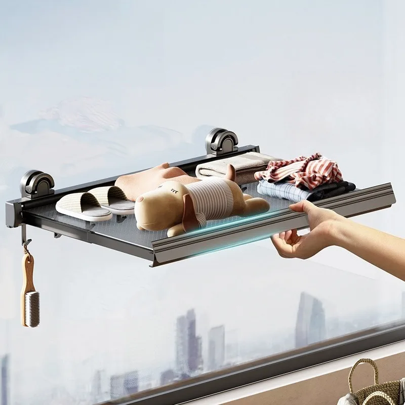 Non Perforated Wall Mounted Drainage Storage Rack Household Balcony Suction Cup Folding Drying Net Aluminum Alloy Clothes Hanger