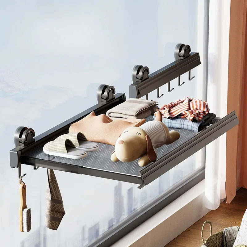 Non Perforated Wall Mounted Drainage Storage Rack Household Balcony Suction Cup Folding Drying Net Aluminum Alloy Clothes Hanger