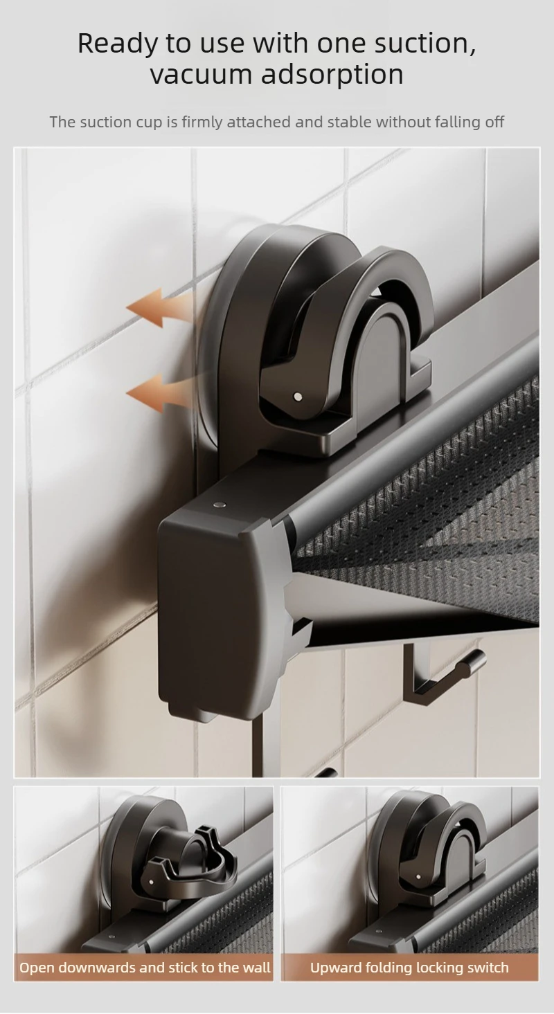 Non Perforated Wall Mounted Drainage Storage Rack Household Balcony Suction Cup Folding Drying Net Aluminum Alloy Clothes Hanger