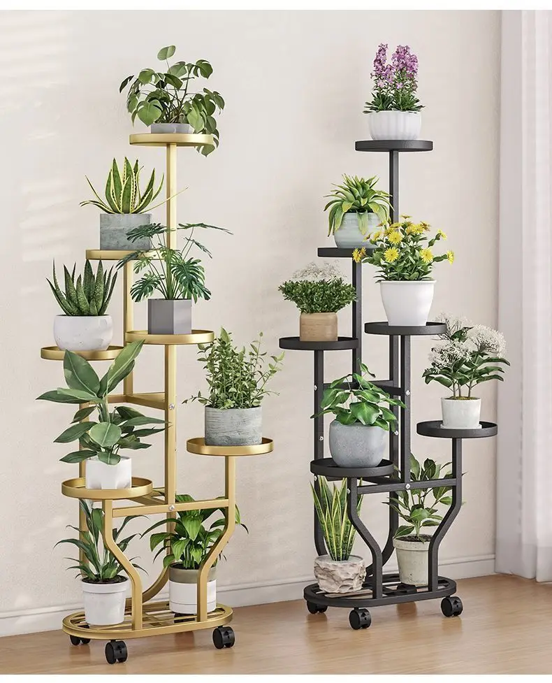 Staircase Multi-Level Indoor/Outdoor Mobile Iron Flower Pot Rack with Wheels