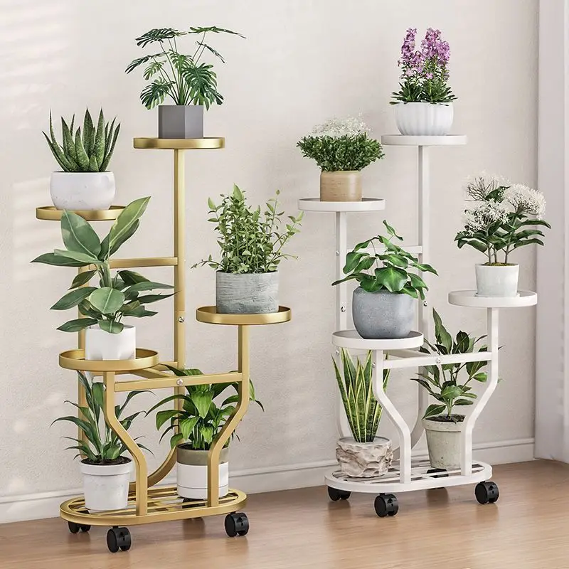 Staircase Multi-Level Indoor/Outdoor Mobile Iron Flower Pot Rack with Wheels