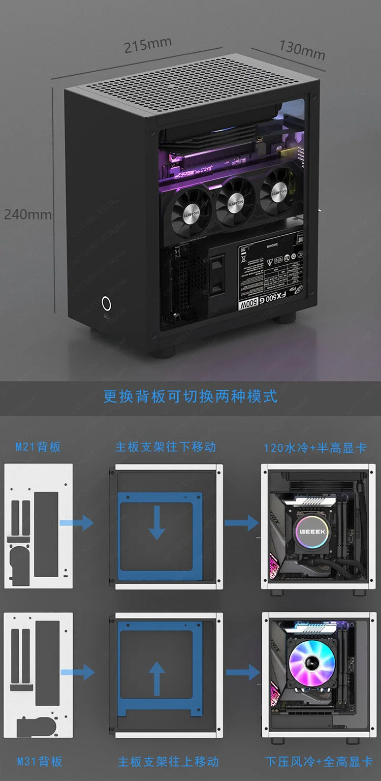 GEEEK M21 / M31 Mini ITX Computer Case, Supports 120mm AIO Liquid Cooler, Low-Profile GPU and 1U Flex ATX PSU, Compact Small