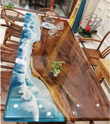 Modern Home Furniture Factory Direct Solid Walnut Wood Restaurant Kitchen River Dining Table Epoxy Resin Slab