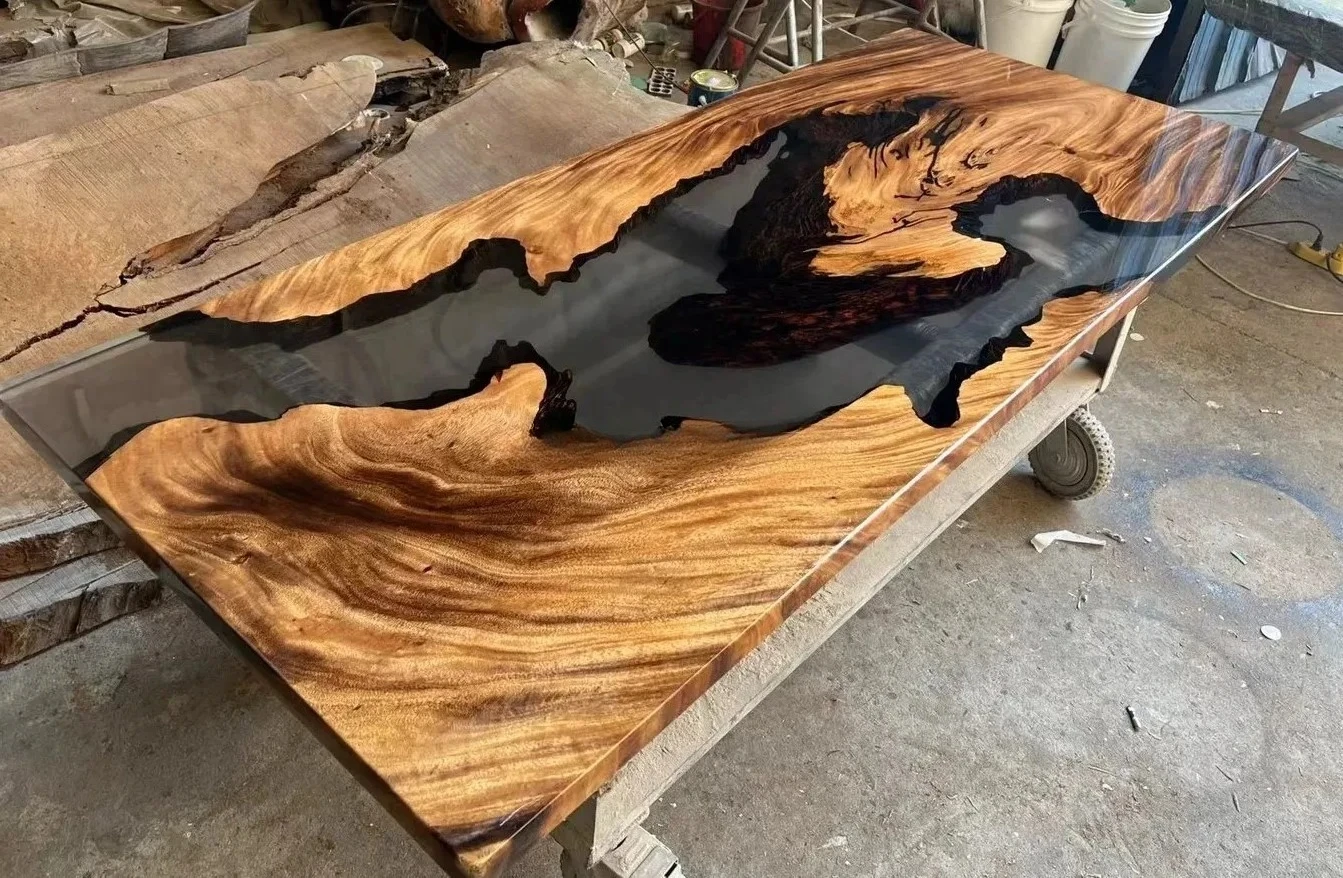 Modern Home Furniture Factory Direct Solid Walnut Wood Restaurant Kitchen River Dining Table Epoxy Resin Slab