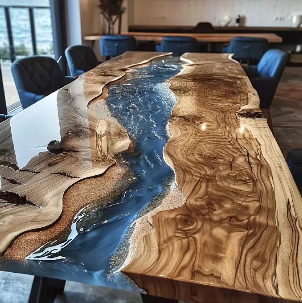 Modern Home Furniture Factory Direct Solid Walnut Wood Restaurant Kitchen River Dining Table Epoxy Resin Slab
